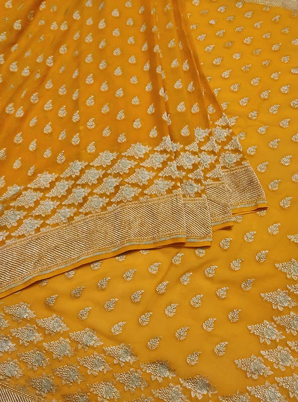 Yellow Khaddi georgette Banarasi saree with mini flower booti (3) center