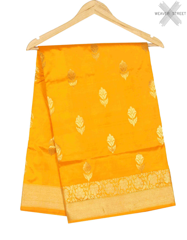 Yellow Katan Silk Handwoven Banarasi saree with flower boota (1) Main
