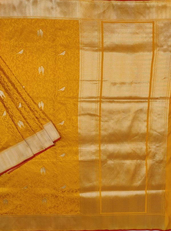 Yellow katan silk tanchoi Banarasi saree with kaduwa woven bird booti (1) main