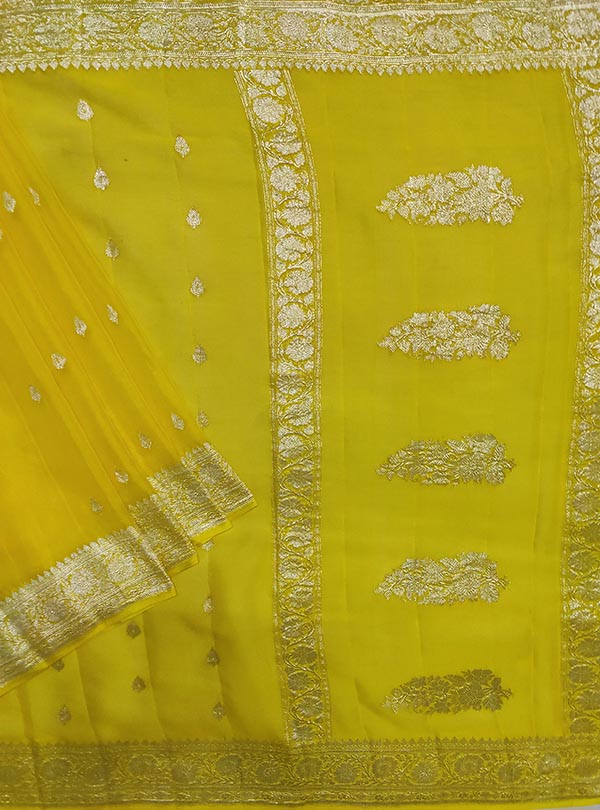 Yellow light weight chiffon handloom Banarasi saree with silver booti (1) main