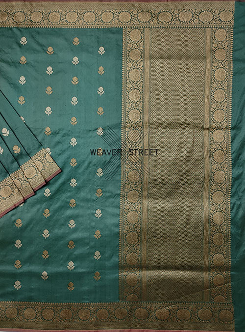 Basil Green Katan Silk Handwoven Banarasi saree with small flower buti (1) main