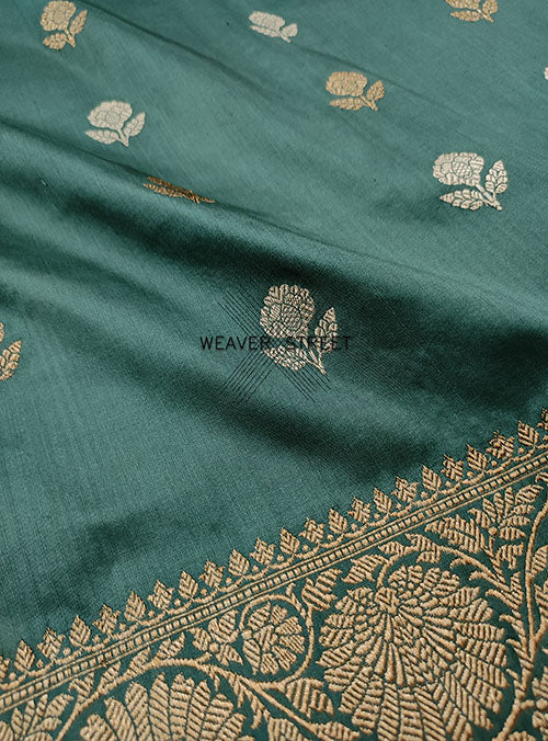 Basil Green Katan Silk Handwoven Banarasi saree with small flower buti (2) detail