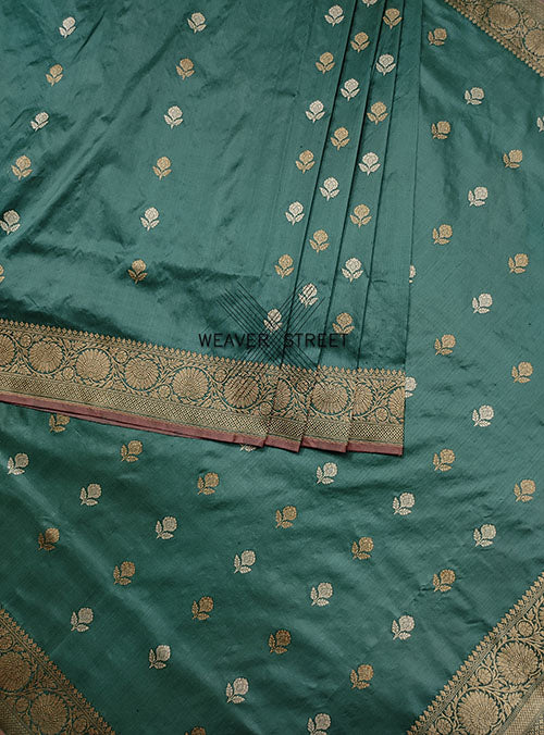 Basil Green Katan Silk Handwoven Banarasi saree with small flower buti (4) detail