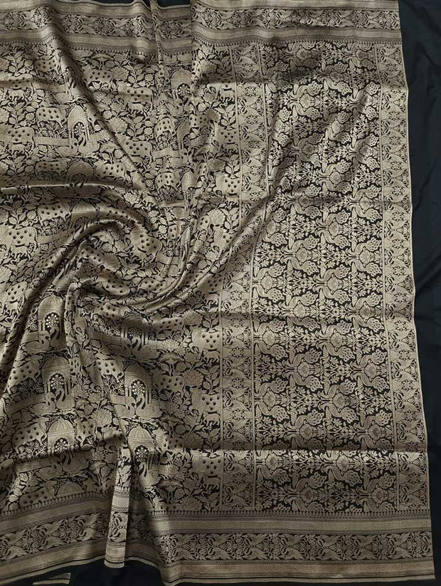Black Katan Silk handwoven Banarasi Saree with Pichwayi Jaal 1 main