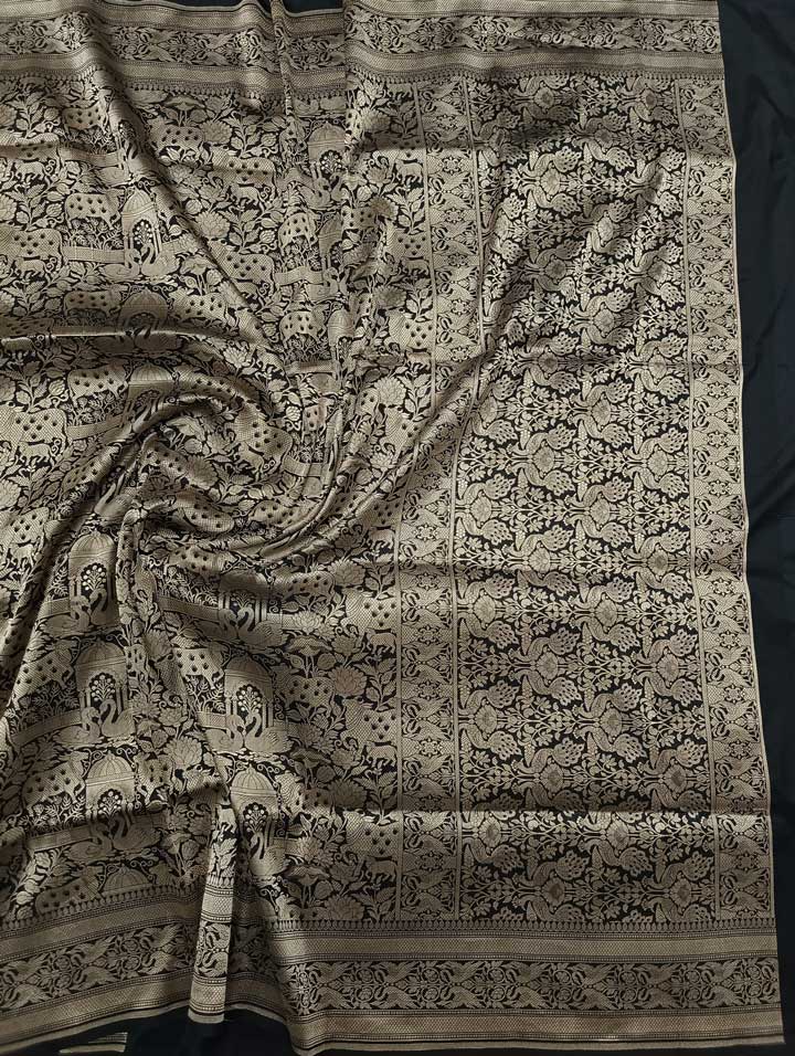 Black Katan Silk handwoven Banarasi Saree with Pichwayi Jaal 1 main