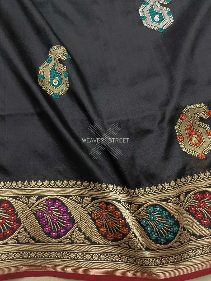 Black Katan Silk Handwoven Banarasi saree with meenedar paisley buta 3 closeup