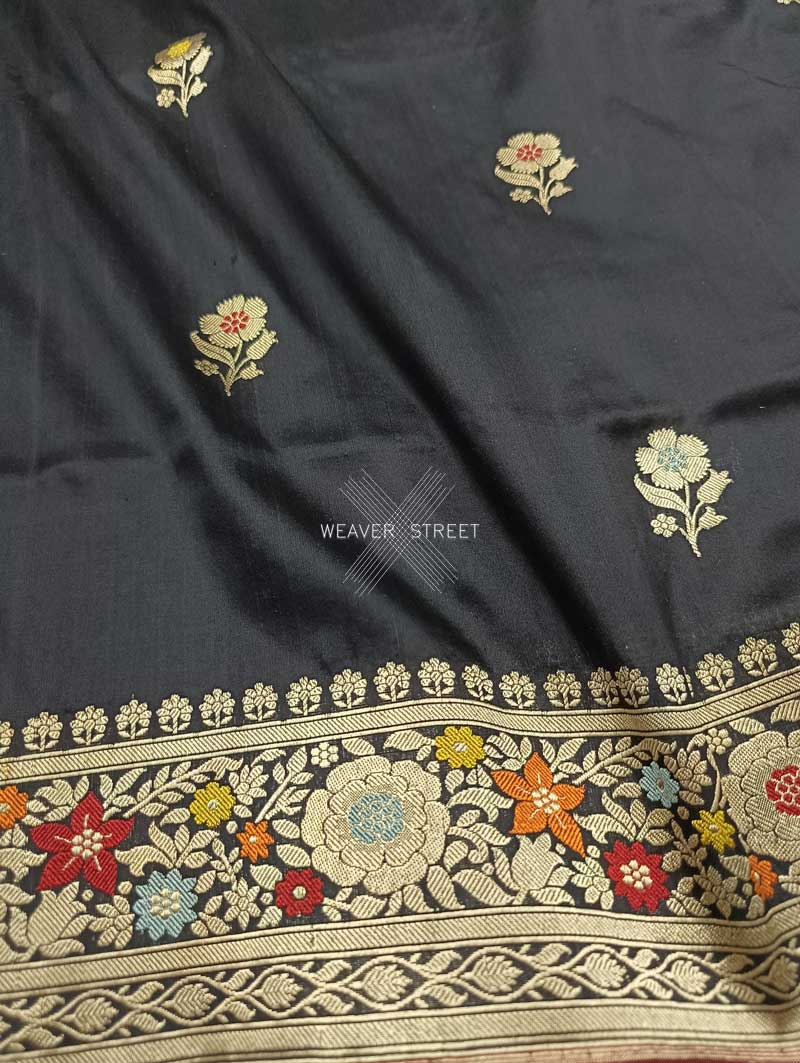 Black katan silk Handwoven Banarasi saree with alfi meenedar flower buta 3 closeup