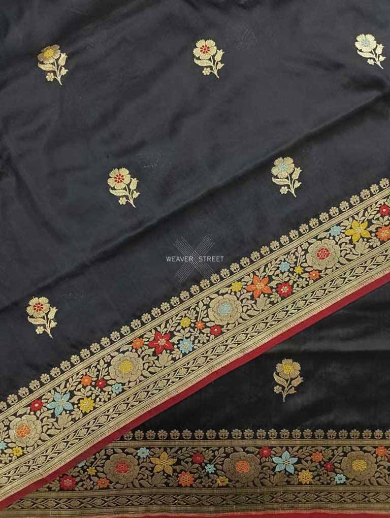 Black katan silk Handwoven Banarasi saree with alfi meenedar flower buta 5 details