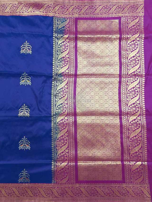Blue katan silk Handwoven Banarasi saree with tilfi meenedar bird pair buta 1 main