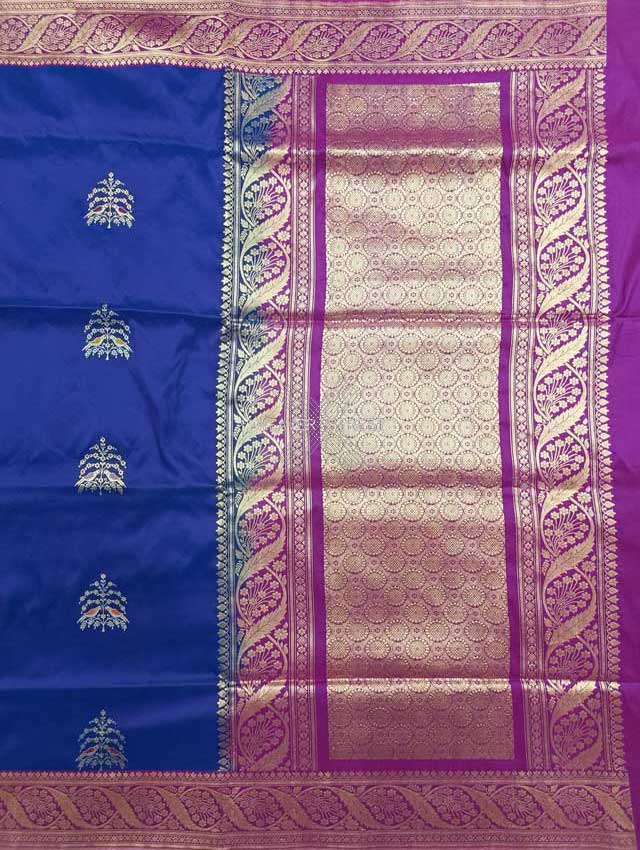 Blue katan silk Handwoven Banarasi saree with tilfi meenedar bird pair buta 1 main