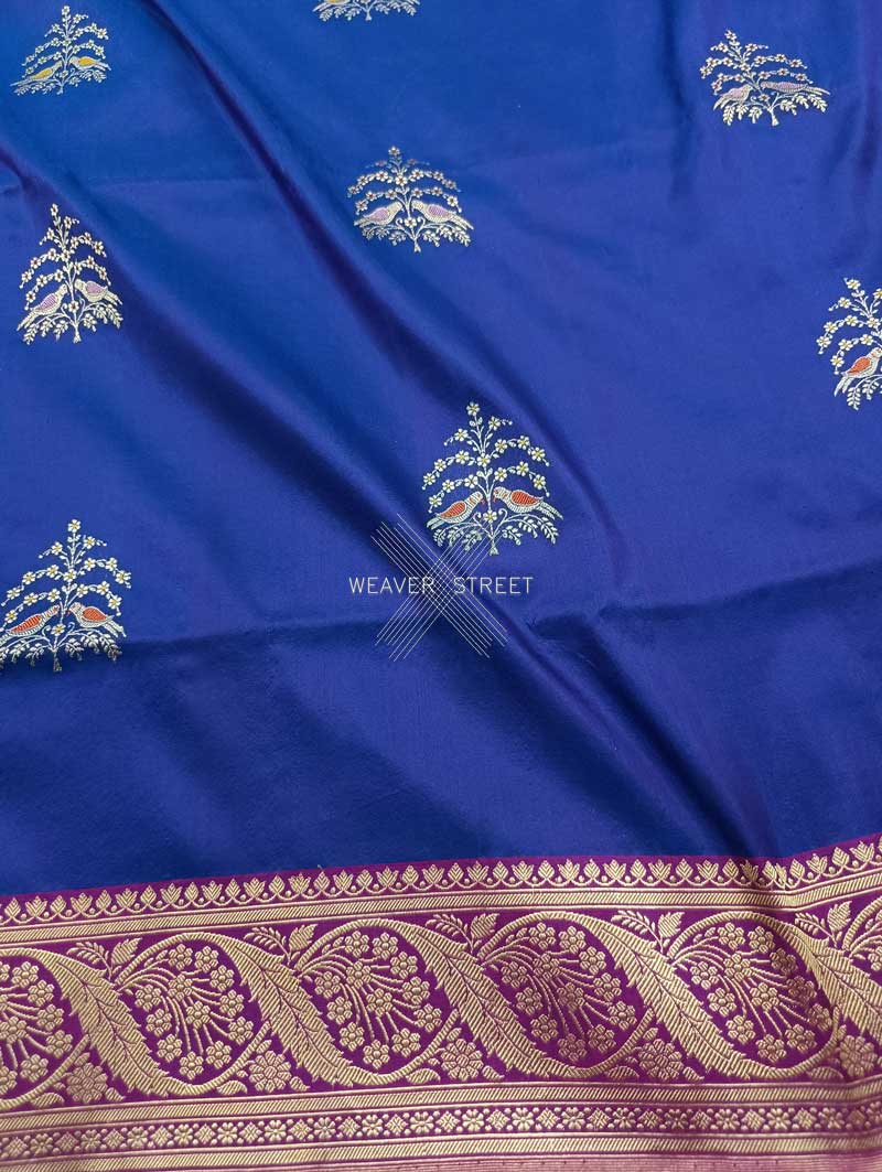 Blue katan silk Handwoven Banarasi saree with tilfi meenedar bird pair buta 3 closeup