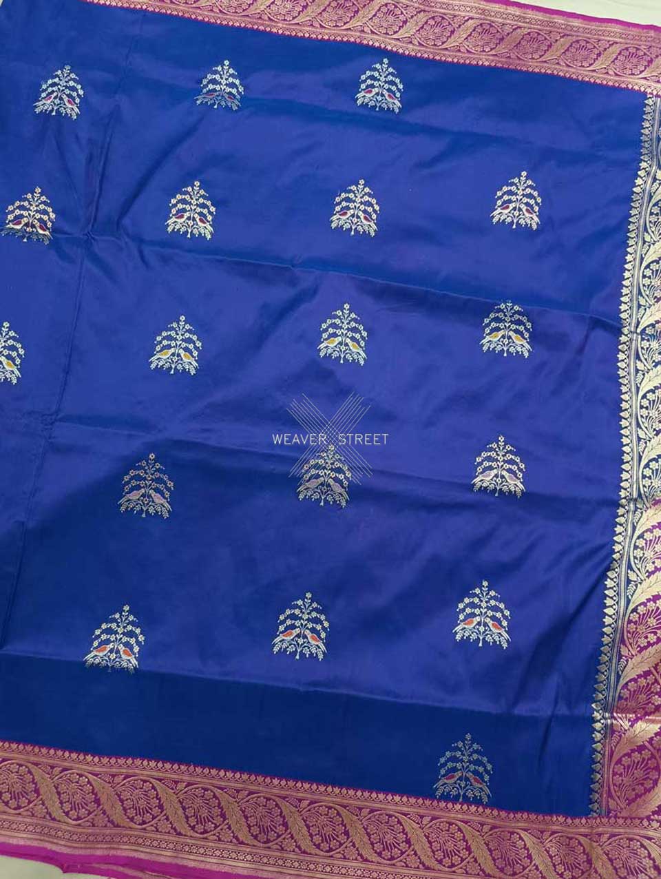 Blue katan silk Handwoven Banarasi saree with tilfi meenedar bird pair buta 4 center
