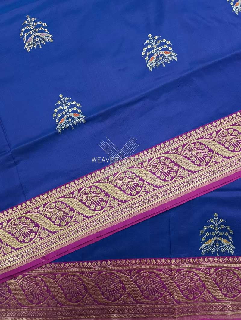 Blue katan silk Handwoven Banarasi saree with tilfi meenedar bird pair buta 5 details