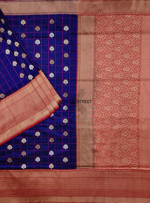 Blue katan silk handwoven Banarasi saree with kadwa buti in checks. 1 MAIN