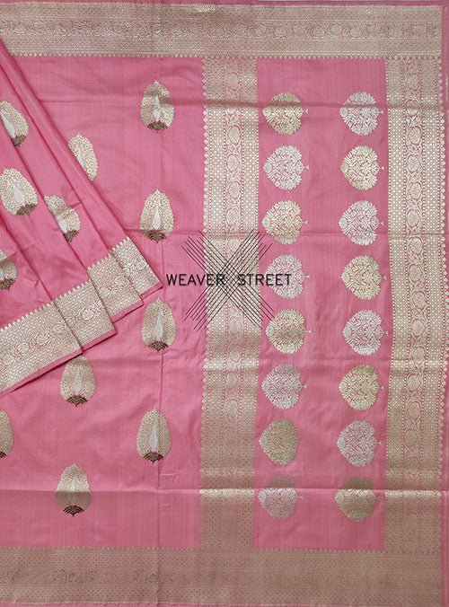 Bubblegum Pink Katan silk Handwoven Banarasi saree with tilfi Stylized buta (1) main