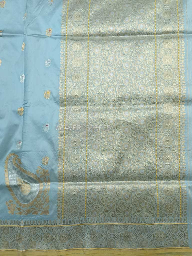 Columbia Blue Katan Silk Handwoven Banarasi saree with meenedar flower kadhwa buti 2 pallu