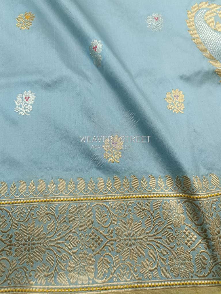Columbia Blue Katan Silk Handwoven Banarasi saree with meenedar flower kadhwa buti 3 closeup