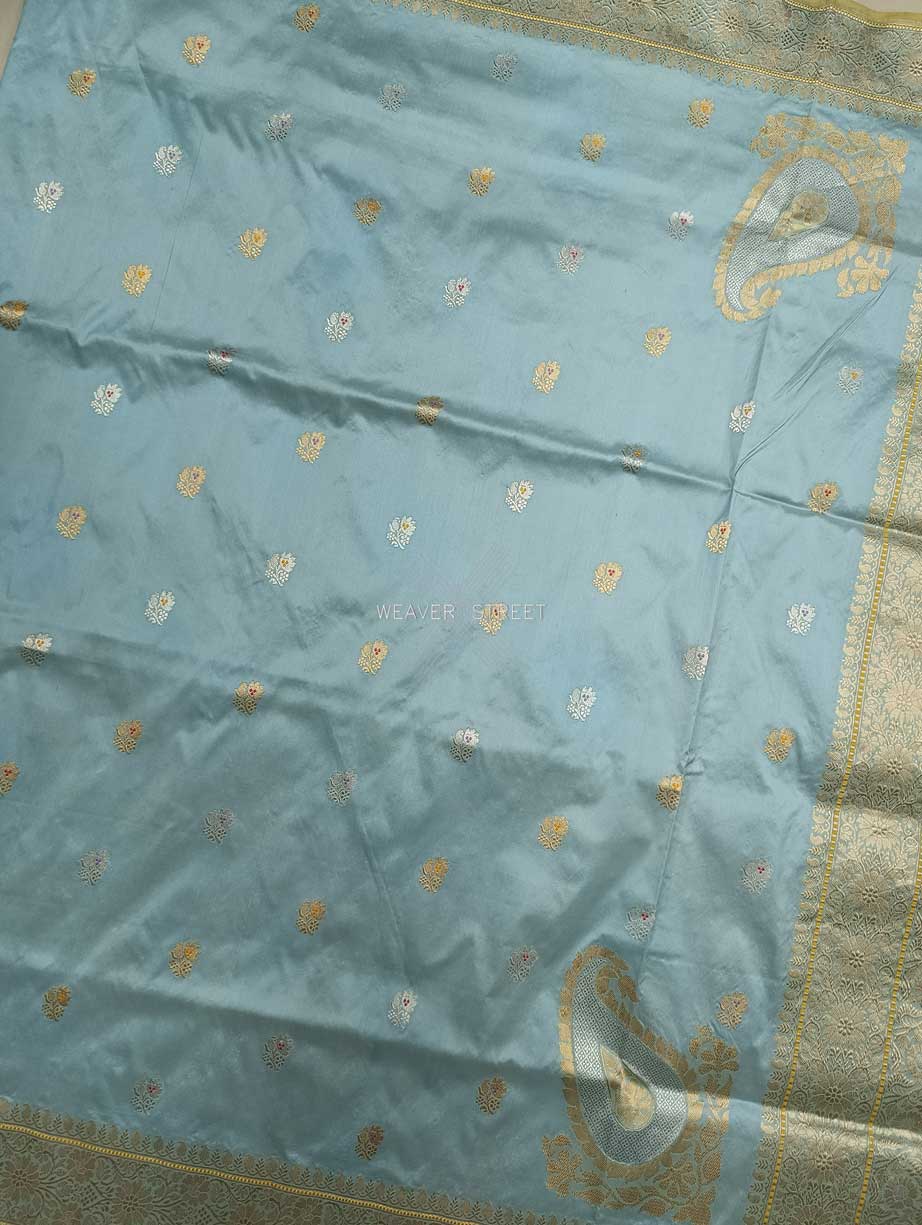 Columbia Blue Katan Silk Handwoven Banarasi saree with meenedar flower kadhwa buti 4 center