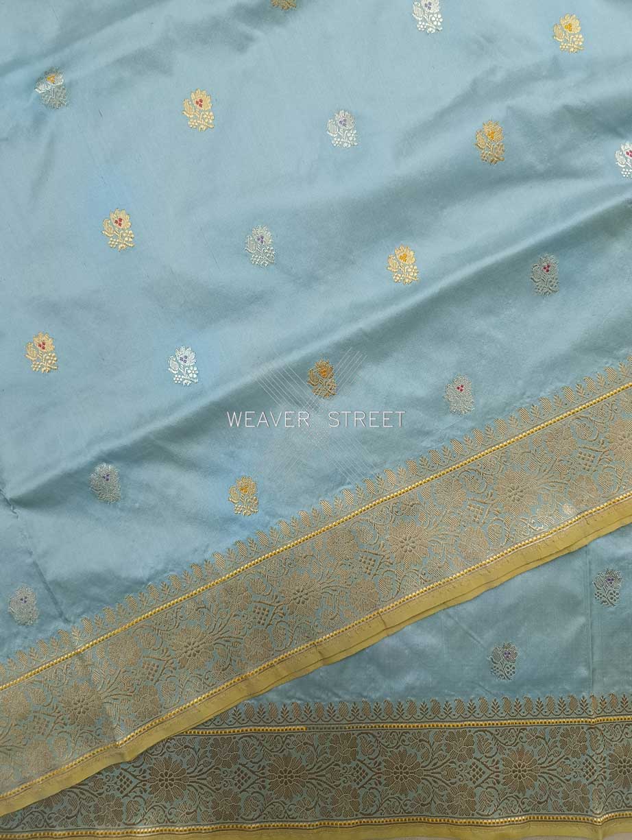 Columbia Blue Katan Silk Handwoven Banarasi saree with meenedar flower kadhwa buti 5 details