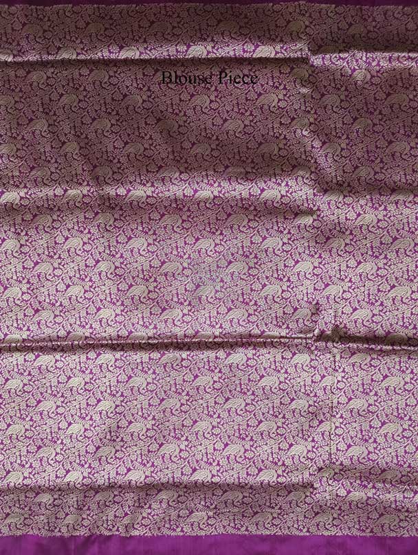 Deep Magenta Katan Silk Handwoven Banarasi saree with Swan pair scallop border 6 blouse piece
