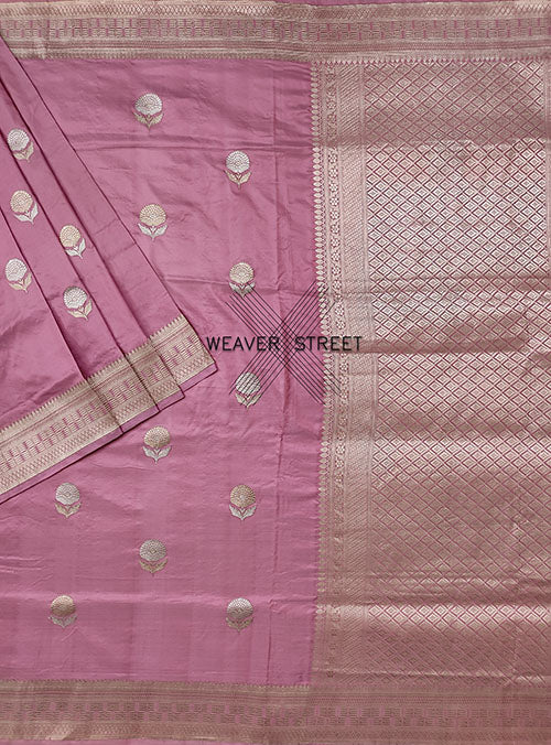 Dusky Pink Katan silk Handwoven Banarasi saree with alfi Flower buta (1) main