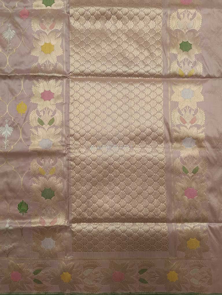 Dusty Pink Katan Silk Handwoven Banarasi saree with ogee pattern kadhwa jaal 2 pallu