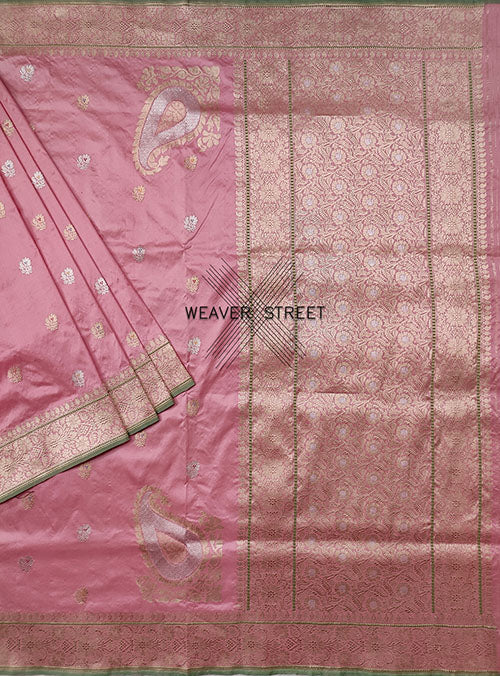Flamingo Pink katan silk handwoven Banarasi saree with konia and kadwa buti (1) main