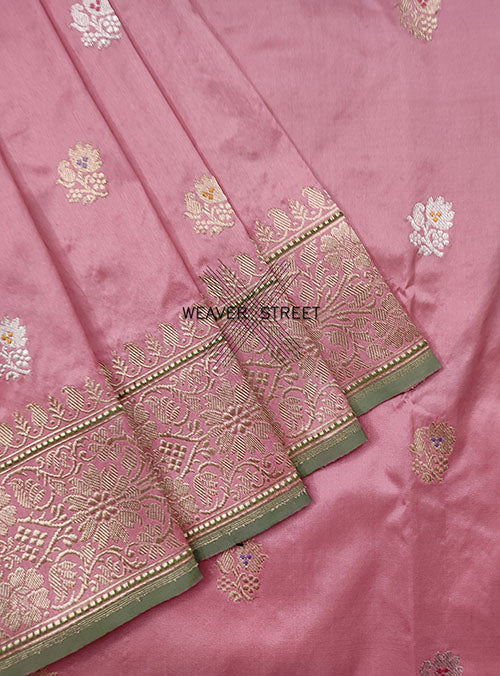 Flamingo Pink katan silk handwoven Banarasi saree with konia and kadwa buti (3) close up