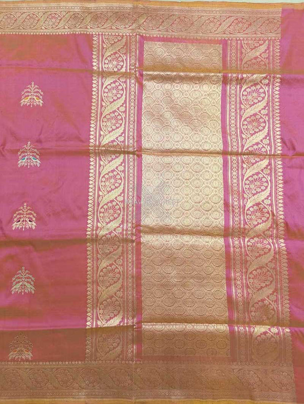Flamingo Pink katan silk Handwoven Banarasi saree with tilfi meenedar bird pair buta 1 main