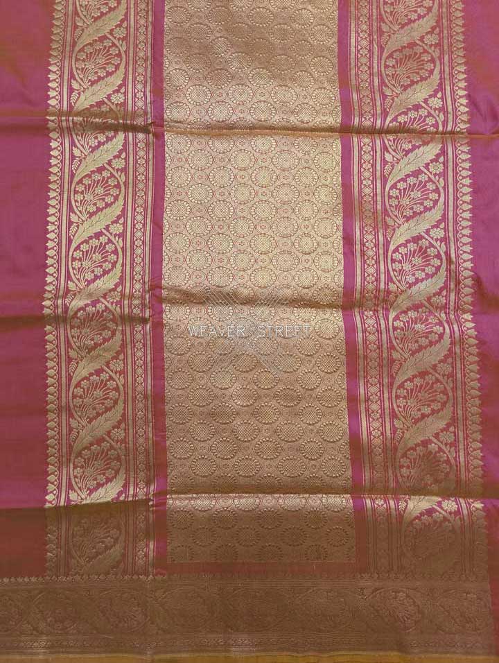 Flamingo Pink katan silk Handwoven Banarasi saree with tilfi meenedar bird pair buta 2 pallu