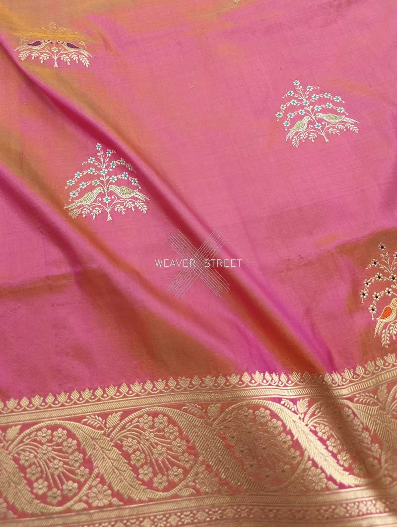 Flamingo Pink katan silk Handwoven Banarasi saree with tilfi meenedar bird pair buta 3 closeup