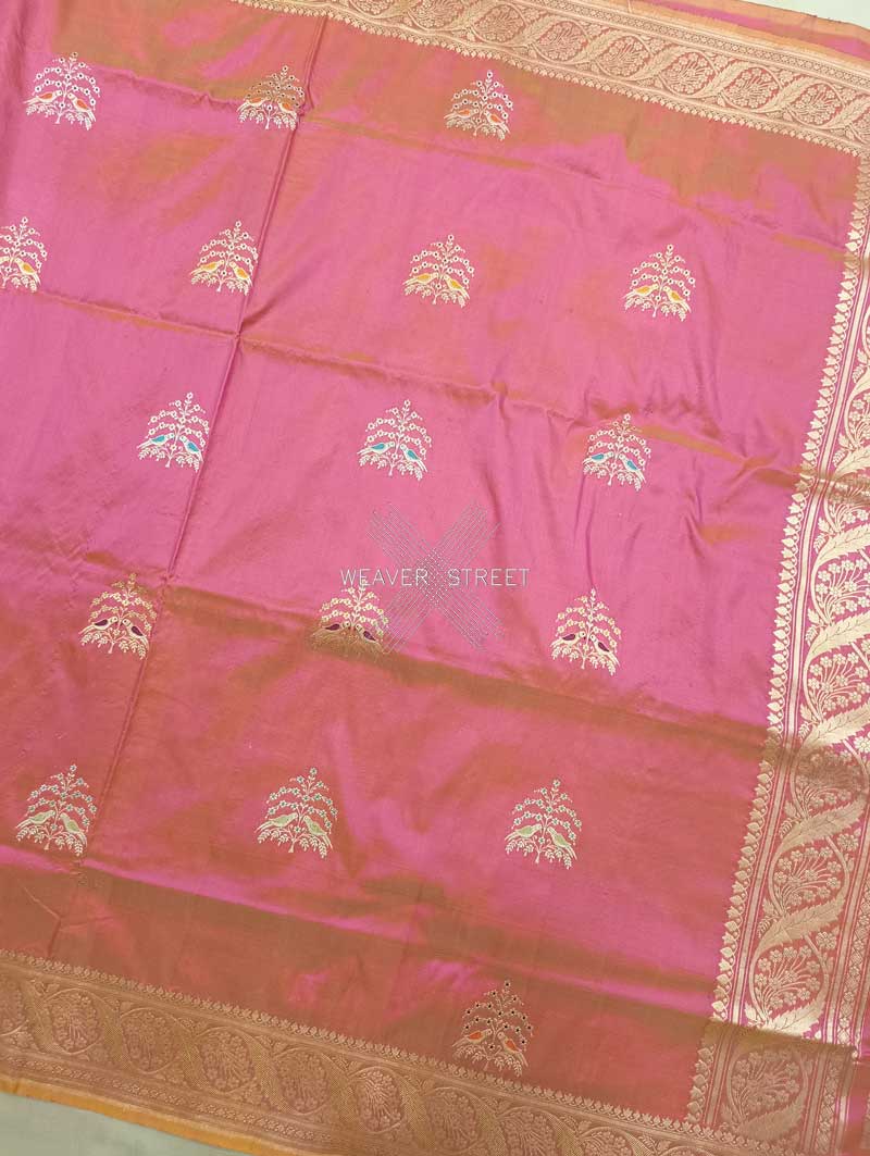 Flamingo Pink katan silk Handwoven Banarasi saree with tilfi meenedar bird pair buta 4 center