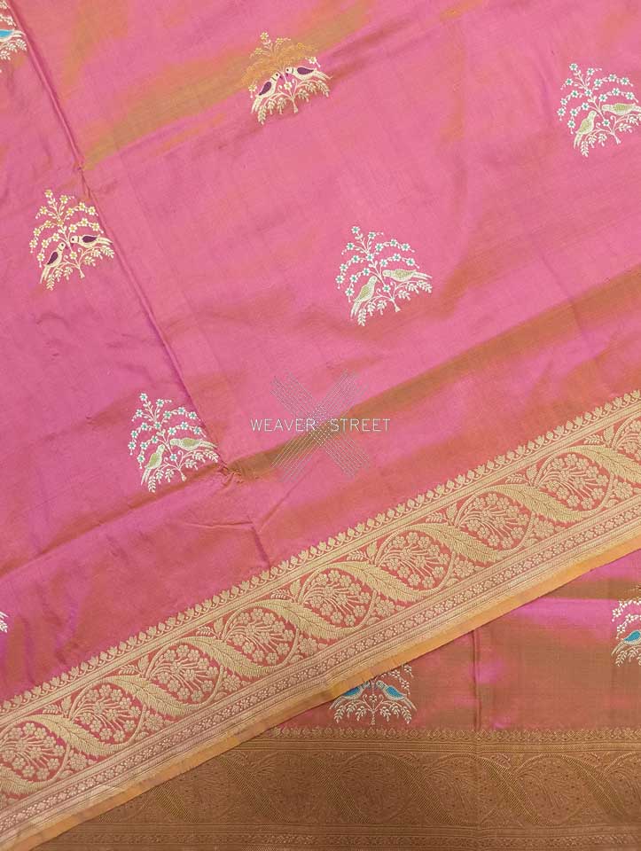 Flamingo Pink katan silk Handwoven Banarasi saree with tilfi meenedar bird pair buta 5 details