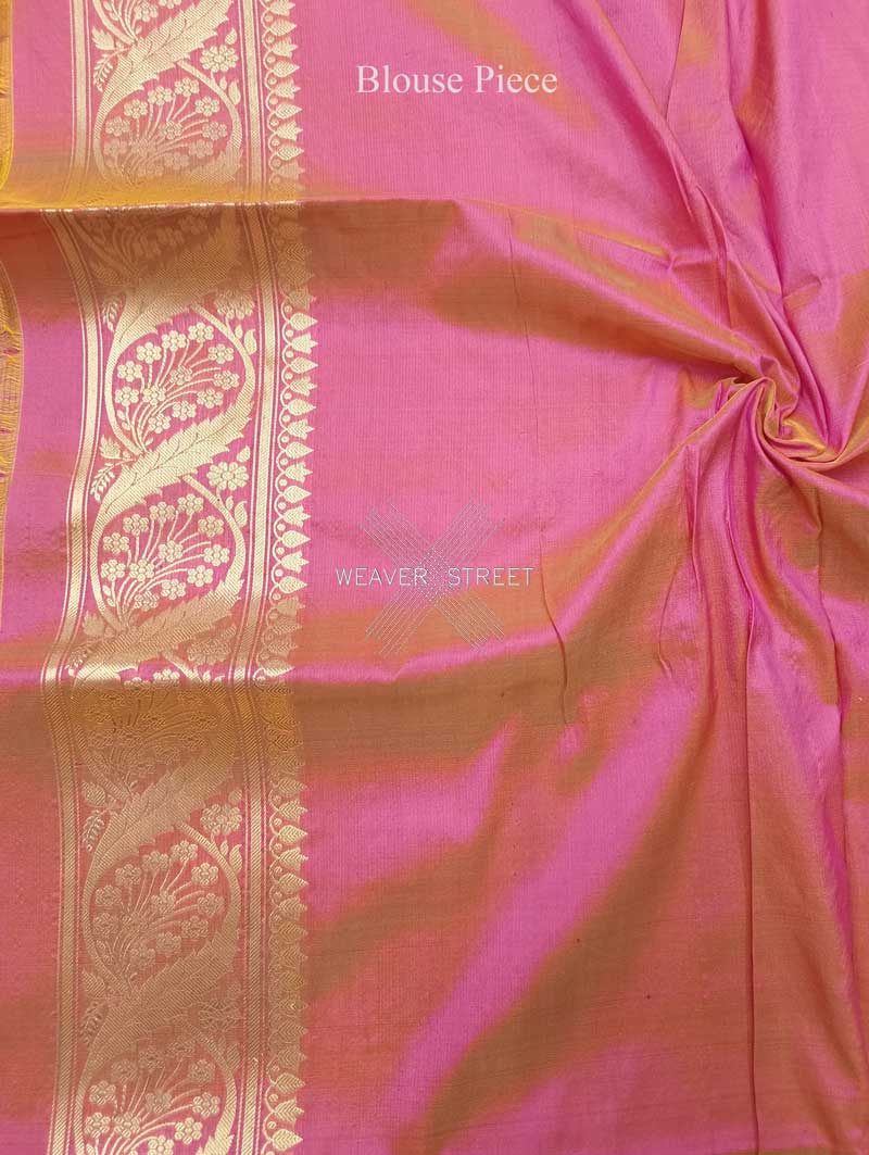 Flamingo Pink katan silk Handwoven Banarasi saree with tilfi meenedar bird pair buta 6 blouse piece