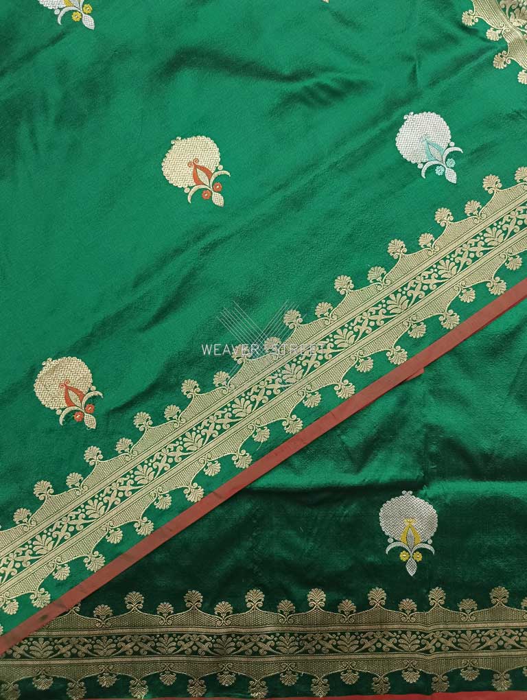Green Katan Silk Handwoven Banarasi saree with Meenedar Anar kadhwa Buta 5 details