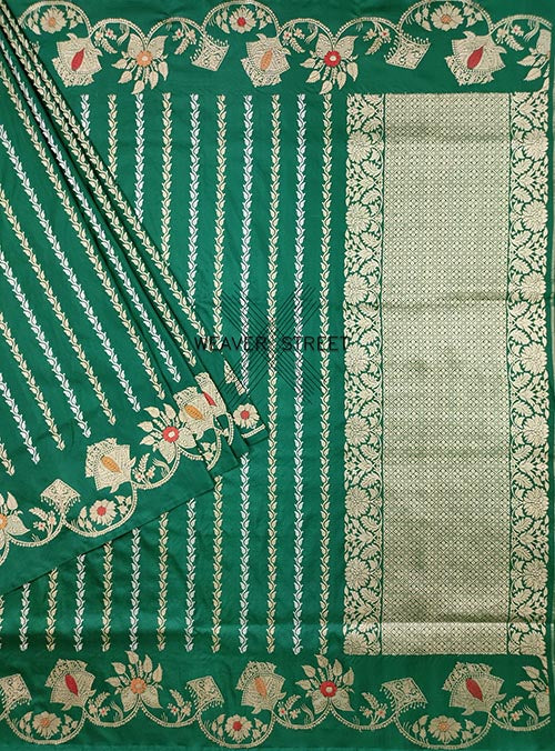 Jade Green Katan Silk Handwoven Banarasi saree with floral stripes (1) main