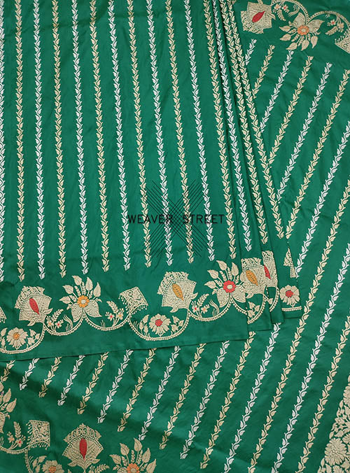Jade Green Katan Silk Handwoven Banarasi saree with floral stripes (4) center
