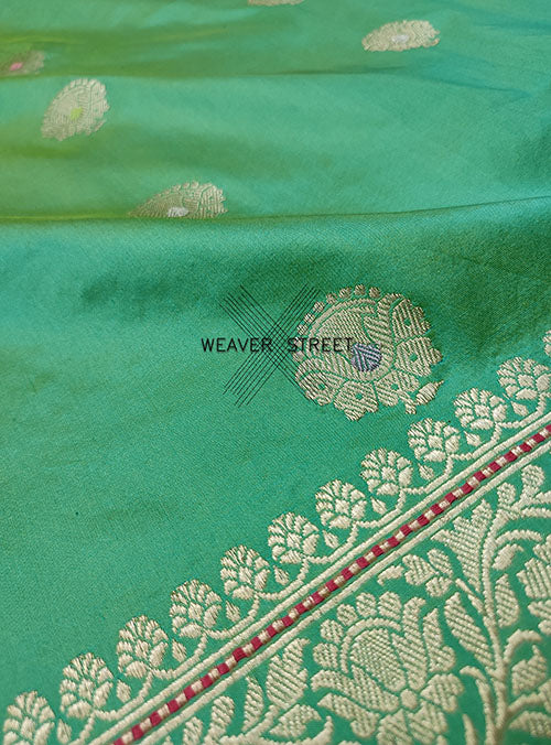Jade Green Katan Silk Handwoven Banarasi saree with stylized alfi kadwa Buta (2) detail