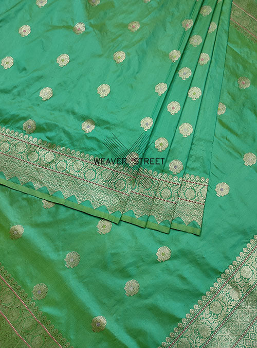 Jade Green Katan Silk Handwoven Banarasi saree with stylized alfi kadwa Buta (4) center