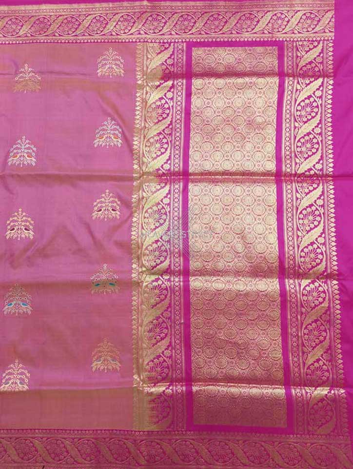 Light Pink katan silk Handwoven Banarasi saree with tilfi meenedar bird pair buta 1 main