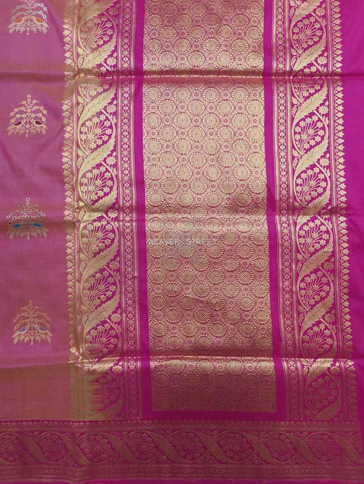 Light Pink katan silk Handwoven Banarasi saree with tilfi meenedar bird pair buta 2 pallu