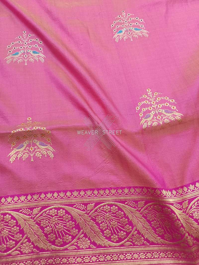 Light Pink katan silk Handwoven Banarasi saree with tilfi meenedar bird pair buta 3 closeup