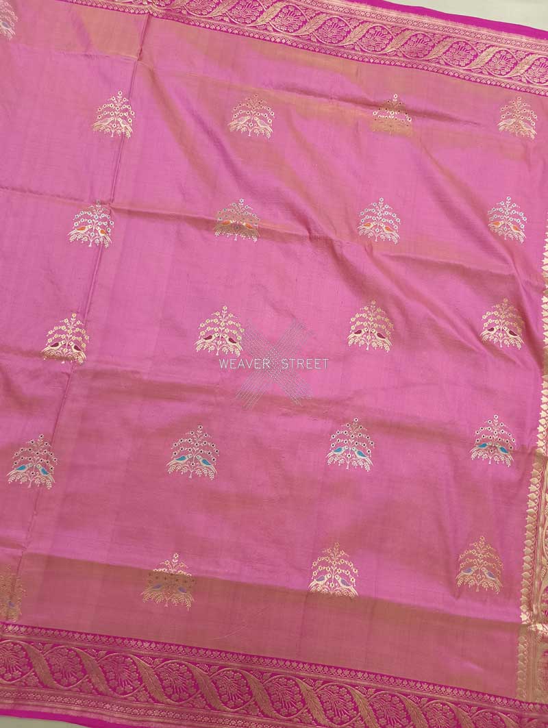 Light Pink katan silk Handwoven Banarasi saree with tilfi meenedar bird pair buta 4 center
