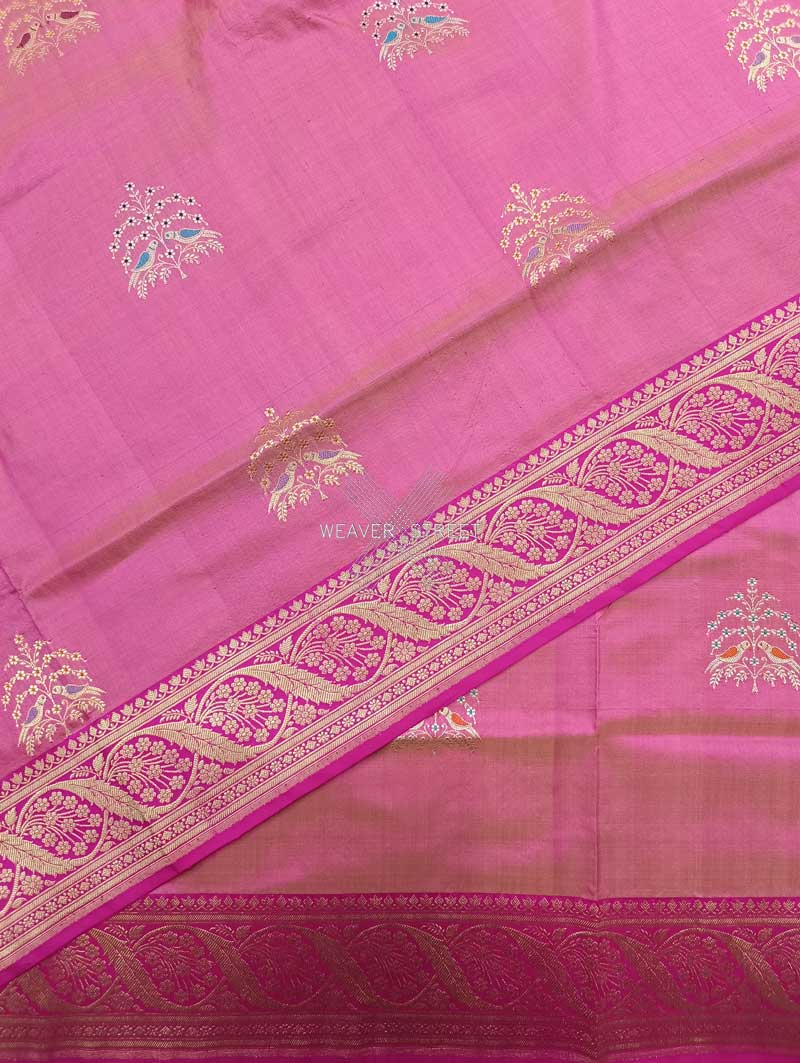 Light Pink katan silk Handwoven Banarasi saree with tilfi meenedar bird pair buta 5 details