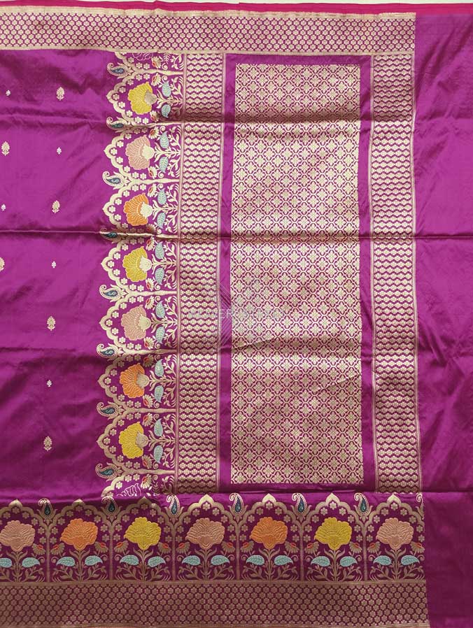 Magenta Katan Silk Handwoven Banarasi saree with tilfi meenedar kadhwa flower border 1 main