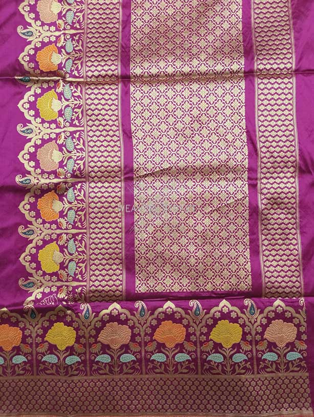 Magenta Katan Silk Handwoven Banarasi saree with tilfi meenedar kadhwa flower border 2 pallu