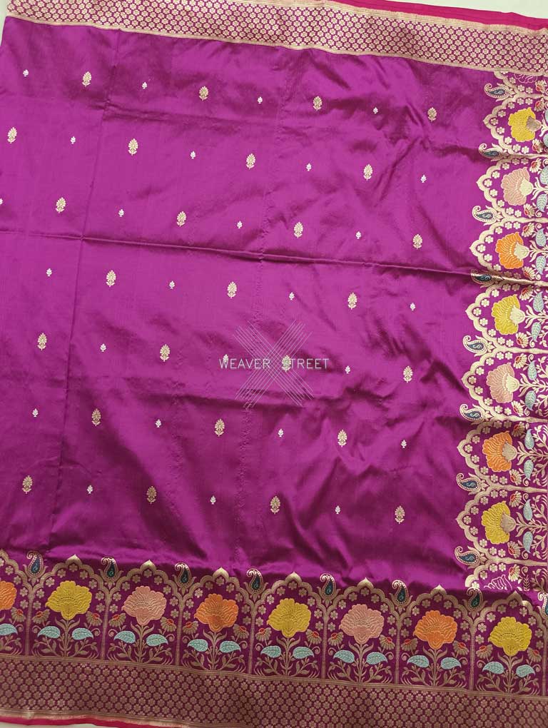 Magenta Katan Silk Handwoven Banarasi saree with tilfi meenedar kadhwa flower border 4 center