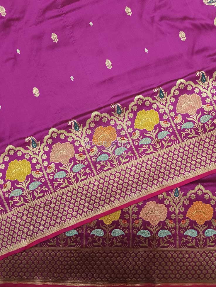 Magenta Katan Silk Handwoven Banarasi saree with tilfi meenedar kadhwa flower border 5 details