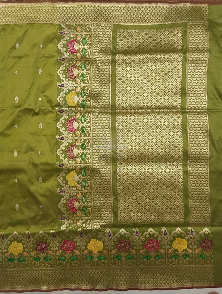 Mehandi green Katan Silk Handwoven Banarasi saree with tilfi meenedar kadhwa flower border 1 main