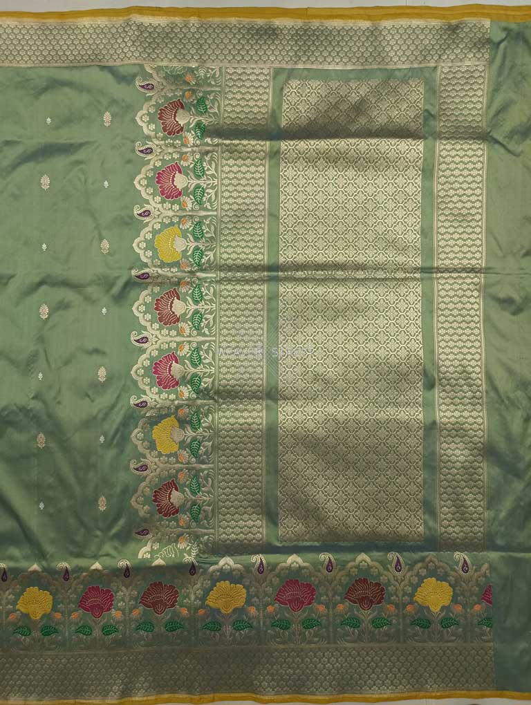 Metallic green Katan Silk Handwoven Banarasi saree with tilfi meenedar kadhwa flower border 1  main